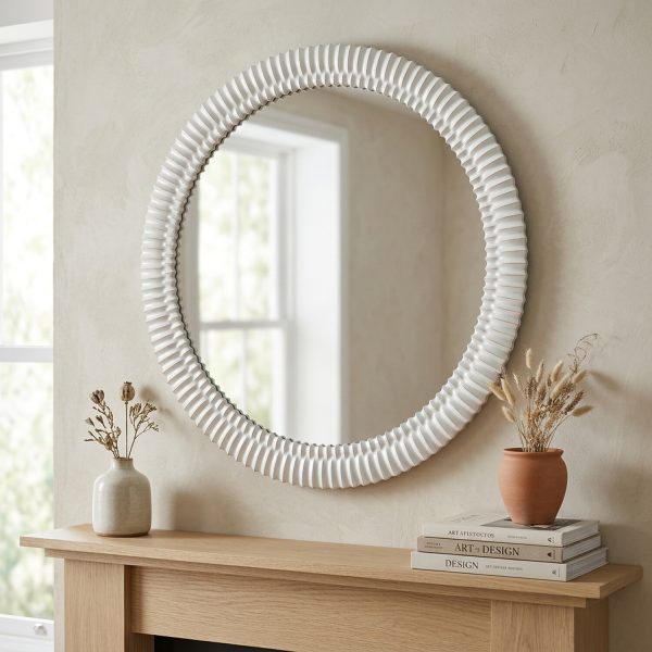 Carved Wooden Round Mirror - White